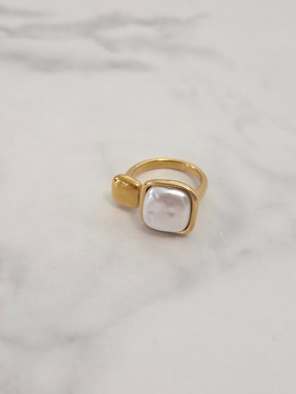 Gold Tone Square Pearl Chunky Open Cuff Statement Ring - Picture 5 of 5